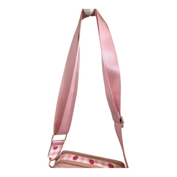 Pink plaid checkered strawberry print gold tone hardware crossbody canvas bag - Picture 5 of 13